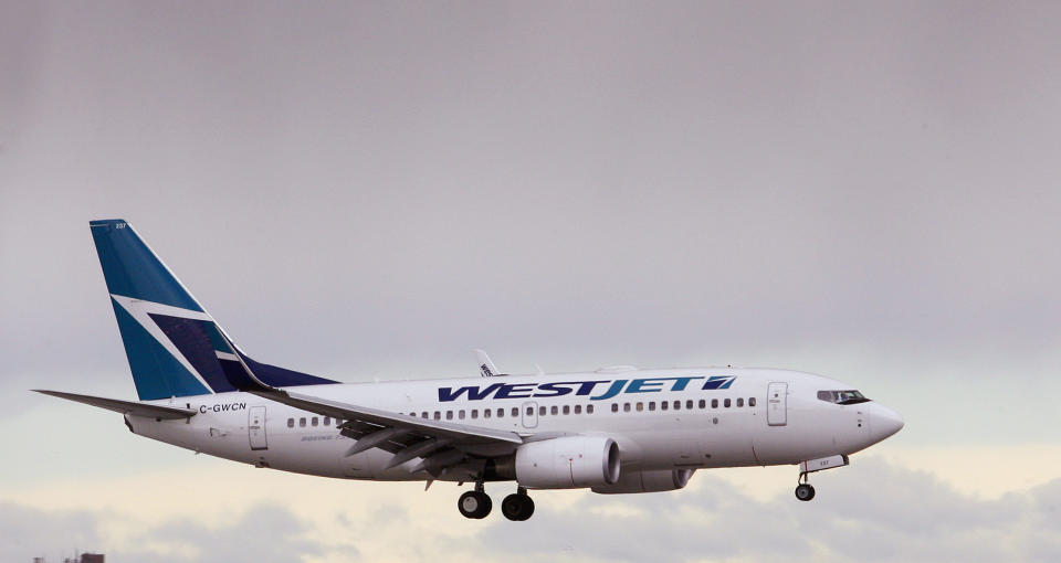 A WestJet airplane comes in for a landing at Calgary International airport, home of Canada's WestJet Airlines in Calgary, Alberta, May 5, 2009. WestJet Airlines Ltd posted a smaller-than-expected drop in quarterly earnings on Tuesday and said it expected to emerge stronger than ever from a global slowdown in air travel, sending its shares surging.  REUTERS/Todd Korol (CANADA BUSINESS TRANSPORT)