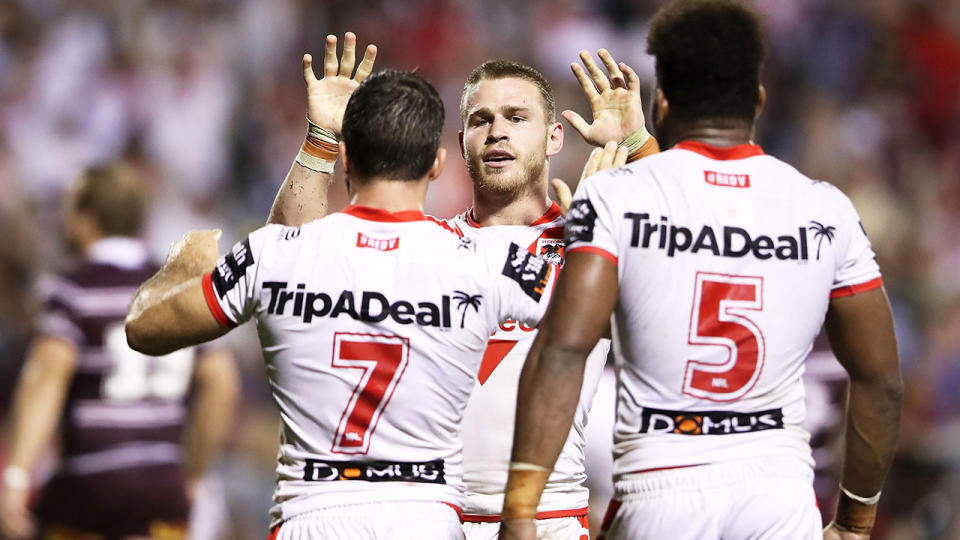 The Dragons celebrate a dramatic win over Manly. Pic: Getty