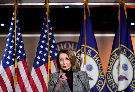 FILE PHOTO: Speaker of the House Nancy Pelosi (D-CA) speaks to the media on Capitol Hill in Washington, U.S., February 28, 2019. REUTERS/Joshua Roberts/File Photo