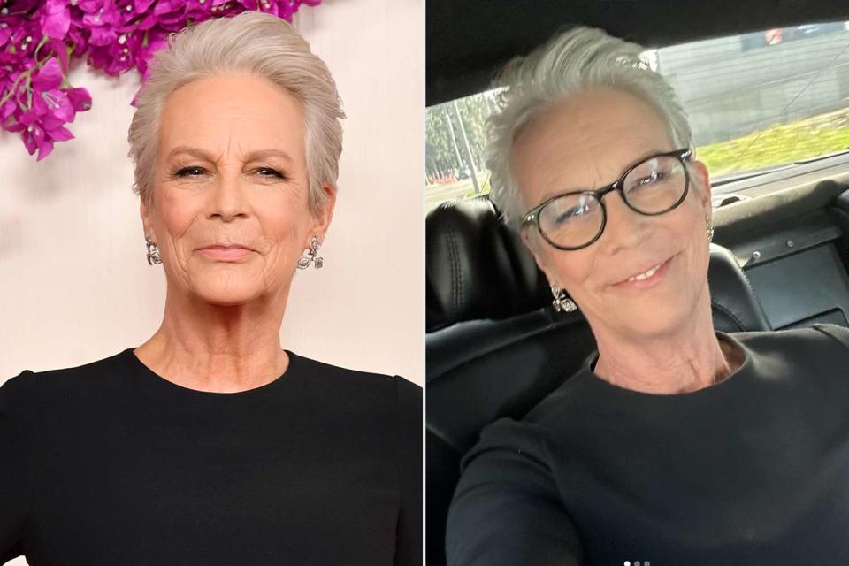 <p>Kevin Winter/Getty;Jamie Lee Curtis/Instagram</p> Jamie Lee Curtis presenting at the 2024 Oscars; Jamie Lee Curtis at In-N-Out 