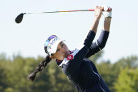 Atthaya Thitikul hits a tee shot on the eighth hole during The Ascendant golf tournament in The Colony, Texas, Friday, Sept. 30, 2022. (AP Photo/LM Otero)