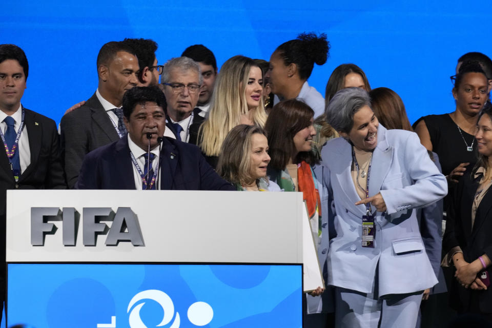 President of the Football Associated of Brazil Ednaldo Rodrigues, delivers his speech, after Brazil was chosen to host the 2027 Women's World Cup soccer at the FIFA Congress in Bangkok, Thailand, Friday, May 17, 2024.(AP Photo/Sakchai Lalit)