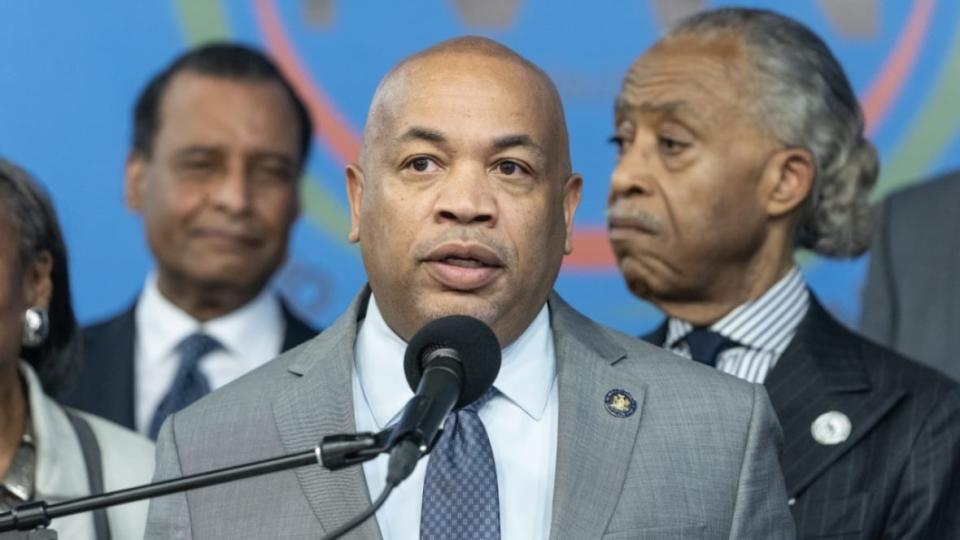 New York Assembly Speaker Carl Heastie (center) speaks at a summit on public safety at the National Action Network House of Justice Headquarters, convened by the Rev. Al Sharpton (right). Heastie, in Washington for Monday’s meeting, said there are additional areas where the Biden-Harris administration can support states and cities. (Photo: Lev Radin/Pacific Press/LightRocket via Getty Images)