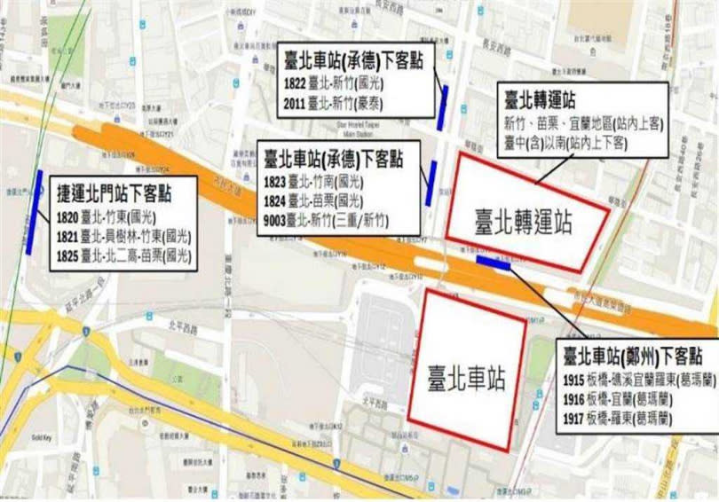 1月28日到2月6日將啟動台北轉運站站外下客機制，包括1820、1821、1825等11條短程公路客運路線，將會分散於北門、台北車站（承德）及台北車站（鄭州）4個下客點。（交通局提供）