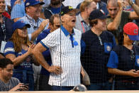 <p>The <a rel="nofollow" href="https://sports.yahoo.com/bill-murray-might-play-joe-maddon-cubs-world-series-movie-232238910.html" data-ylk="slk:Chicago Cubs fan;elm:context_link;itc:0;sec:content-canvas;outcm:mb_qualified_link;_E:mb_qualified_link;ct:story;" class="link  yahoo-link">Chicago Cubs fan</a> cheered on his team, even leading “Take Me Out to the Ball Game” during the seventh-inning stretch, at a playoff game against the Washington Nationals at Wrigley Field. And he brought good luck: The team ended up winning 2-1! (Photo: Getty Images) </p>