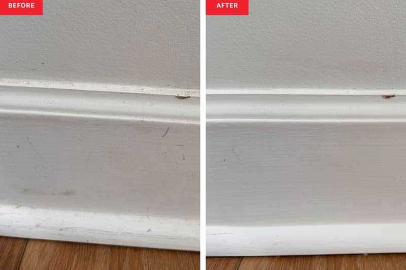 Side by side of baseboards before and after being cleaned with the thorough method