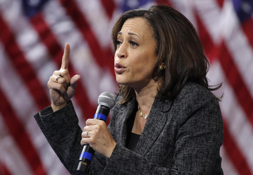 Democratic presidential candidate Sen. Kamala Harris, D-Calif., speaks during a gun safety forum Wednesday, Oct. 2, 2019, in Las Vegas. (AP Photo/John Locher)