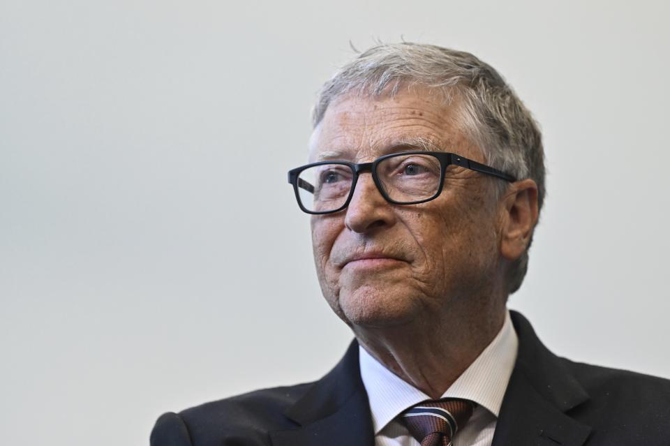 FILE - Bill Gates reacts during a visit with Britain's Prime Minister Rishi Sunak at the Imperial College University, in central London, on Feb. 15, 2023. On Friday, June 30, The Associated Press reported on stories circulating online incorrectly claiming rare malaria cases reported in Florida and Texas recently were caused by a disease-control initiative backed by Gates that involved releasing genetically modified mosquitoes in the U.S. (Justin Tallis/Pool Photo via AP, File)