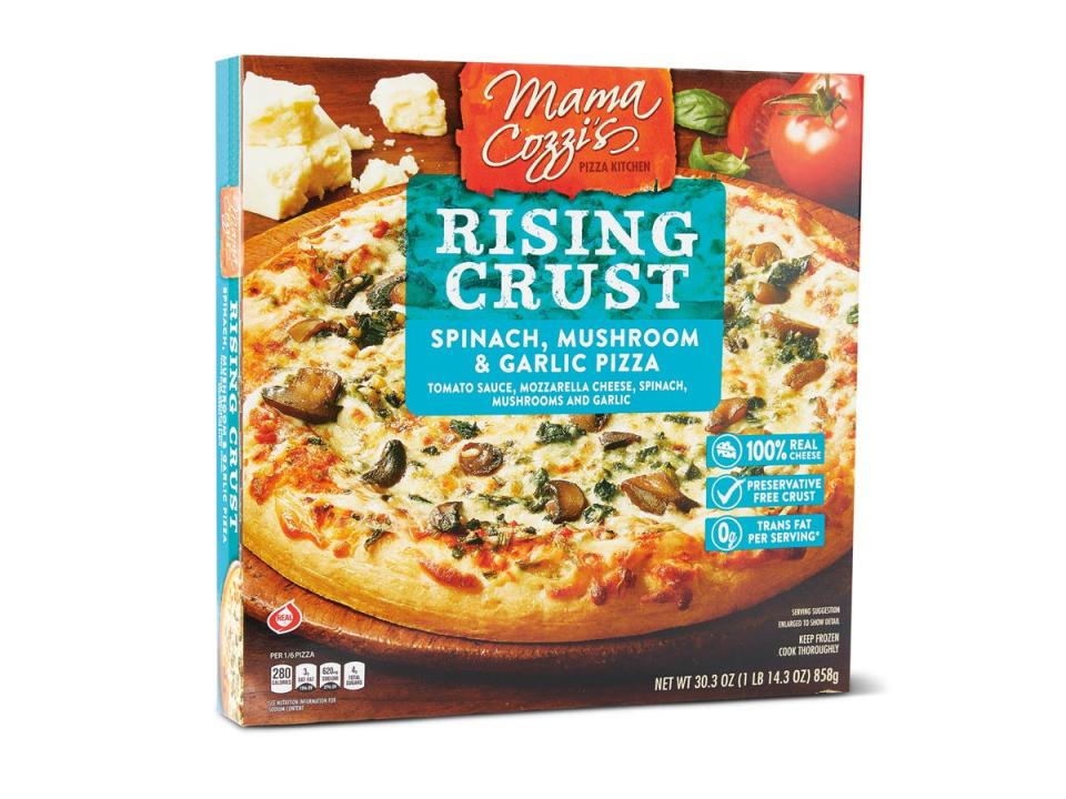 Mama Cozzi's rising-crust spinach, mushroom, and garlic pizza in a box with an image of pizza on the front