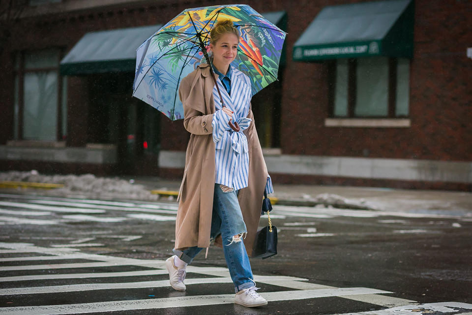 Cool striped shirt and easy-fit denim at New York Fashion Week.