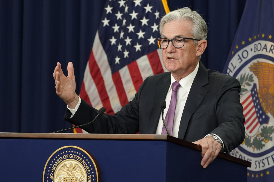 FILE - Federal Reserve Chairman Jerome Powell speaks during a news conference at the Federal Reserve Board building in Washington, July 27, 2022. The U.S. Federal Reserve is expected to raise its key short-term rate, Wednesday, Sept. 21. (AP Photo/Manuel Balce Ceneta, File)