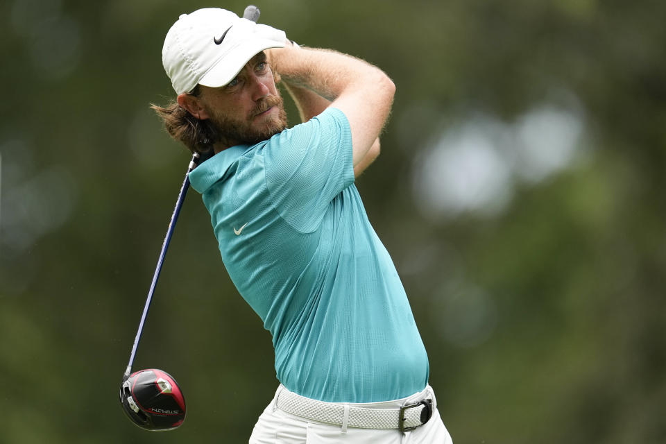 FILE - Tommy Fleetwood hits from the seventh tee during the third round of the St. Jude Championship golf tournament Saturday, Aug. 12, 2023, in Memphis, Tenn. Fleetwood has been selected as one of the captain's picks for the European team for the Ryder Cup against the United States outside Rome later in Sept 2023. (AP Photo/George Walker IV, File)