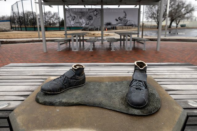 <p>Travis Heying/The Wichita Eagle via AP</p> What's left of the Jackie Robinson statue in Wichita
