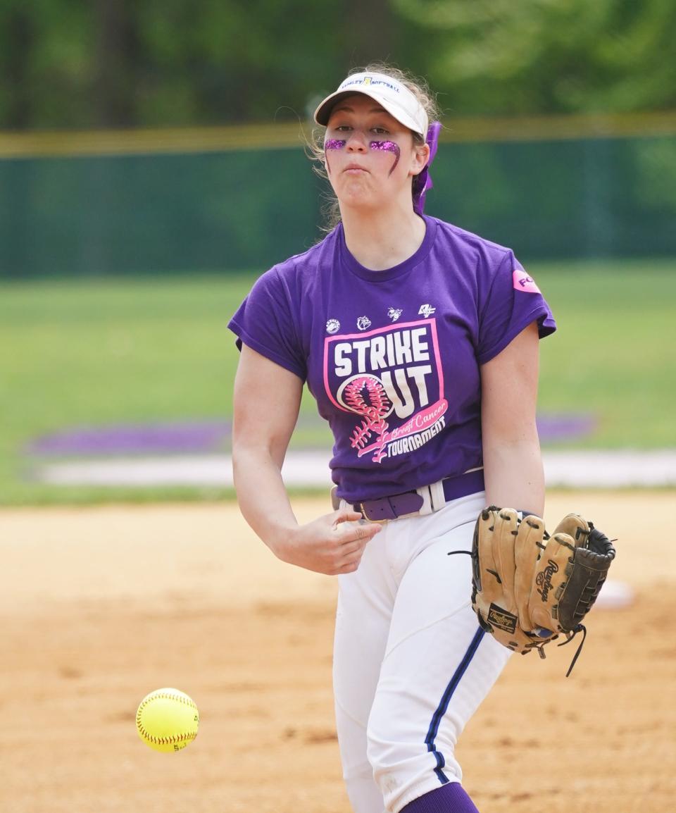 Ardsley pitcher Sofia Haber (13) delivers a pitch as they take on Hastings in the championship game of the Rivertowns Breast Cancer Softball Tournament held at Ardsley High School on Saturday, April 22, 2023. 