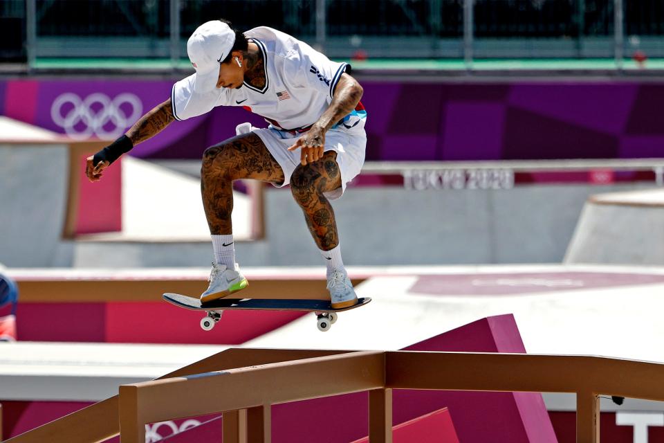 Nyjah Huston competes in Men's Street Skateboarding during the Tokyo 2020 Olympic Summer Games at Ariake Urban Sports Park.