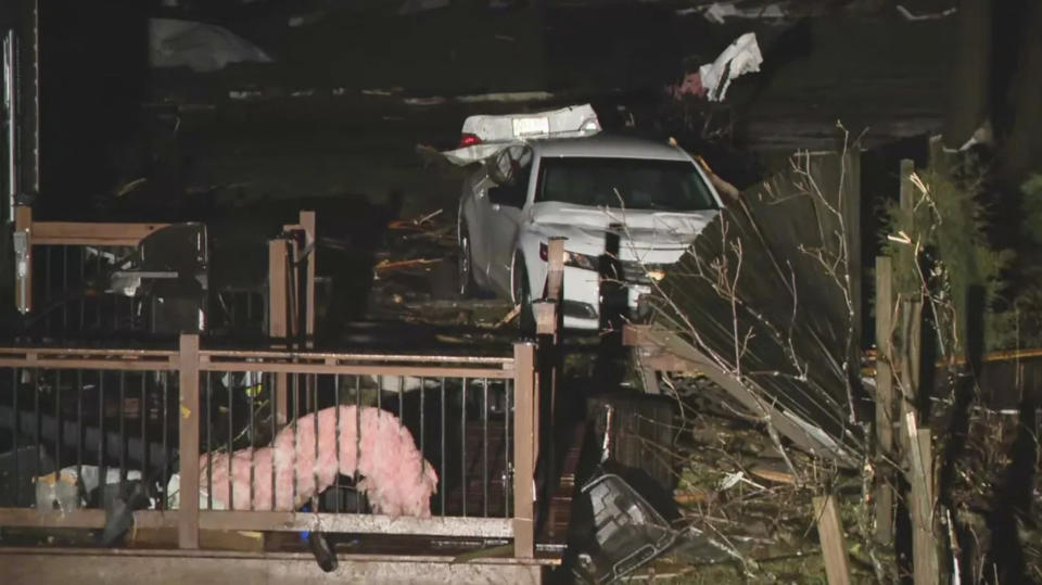 In this image taken from video provided by WSYX, damage from a severe weather system is seen near Indian Lake, in Ohio, southeast of Lima, late Thursday, March 14, 2024. (WSYX via AP)
