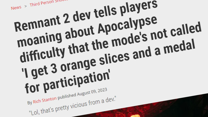  A PCG headline about Remnant 2, presented as an ironic counterpoint to the subject of this article. 