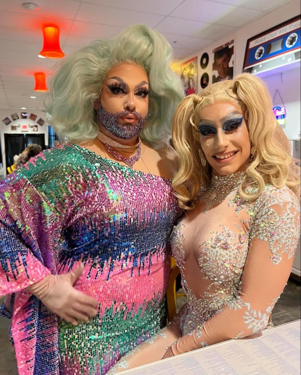 Drag queens Peach Fuzz, left, and Anhedonia Delight are the hosts of drag bingo at That Pop Up Bar at Twisted Citrus restaurant in North Canton. The duo also hosts drag events in the Cleveland area at wineries, breweries and art galleries under the name "Dauber Divas."