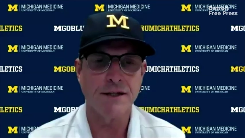 Michigan Wolverines football coach Jim Harbaugh speaks to the media on Monday, Nov. 2, 2020.