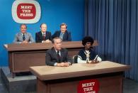 <p>Democratic presidential candidates appeared on <em>Meet the Press</em> just before the Democratic National Convention. From left to right on the top row, Senator George McGovern, Senator Hubert Humphrey, and Senator Edmund Muskie of Maine are seated. On the bottom row, Senator Henry Jackson and Chisholm shared a desk. </p>