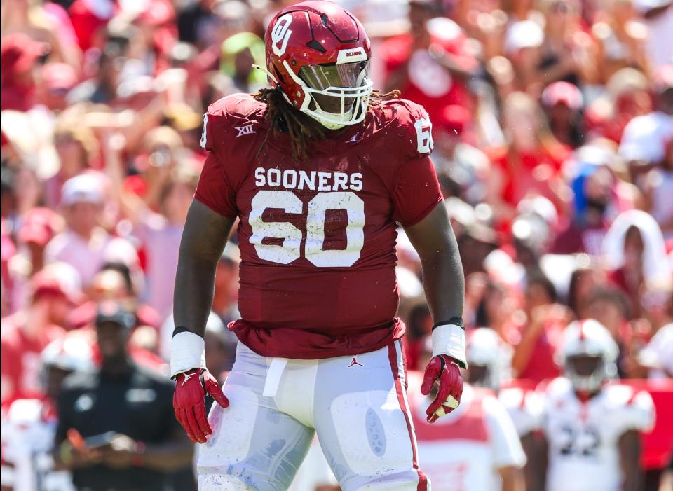 Sep 2, 2023; Norman, Oklahoma, USA; Oklahoma Sooners offensive lineman Tyler Guyton (60) in action against the Arkansas State Red Wolves at Gaylord Family-Oklahoma Memorial Stadium. Mandatory Credit: Kevin Jairaj-USA TODAY Sports