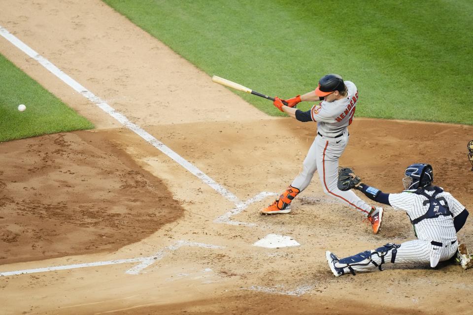 Baltimore Orioles' Gunnar Henderson hits an RBI single against the New York Yankees during the third inning of a baseball game Thursday, July 6, 2023, in New York. (AP Photo/Frank Franklin II)