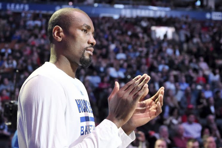 The Raptors hope Serge Ibaka can help them knock off James and the Cavs. (AP)