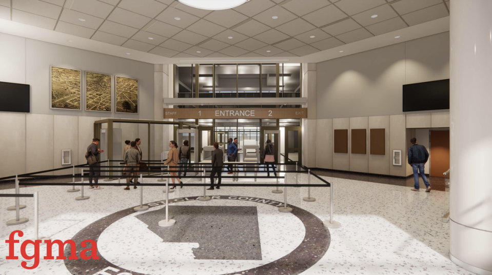This artist’s rendering shows an improved security checkpoint planned for the St. Clair County Courthouse in downtown Belleville as part of a construction project.