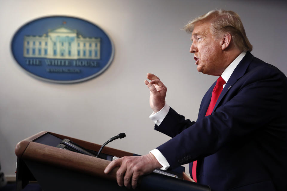 President Donald Trump speaks about the coronavirus in the James Brady Briefing Room, Thursday, March 26, 2020, in Washington. (AP Photo/Alex Brandon)