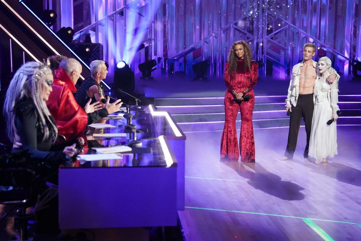 'dancing with the stars' host tyra banks with the judges, including len goodman