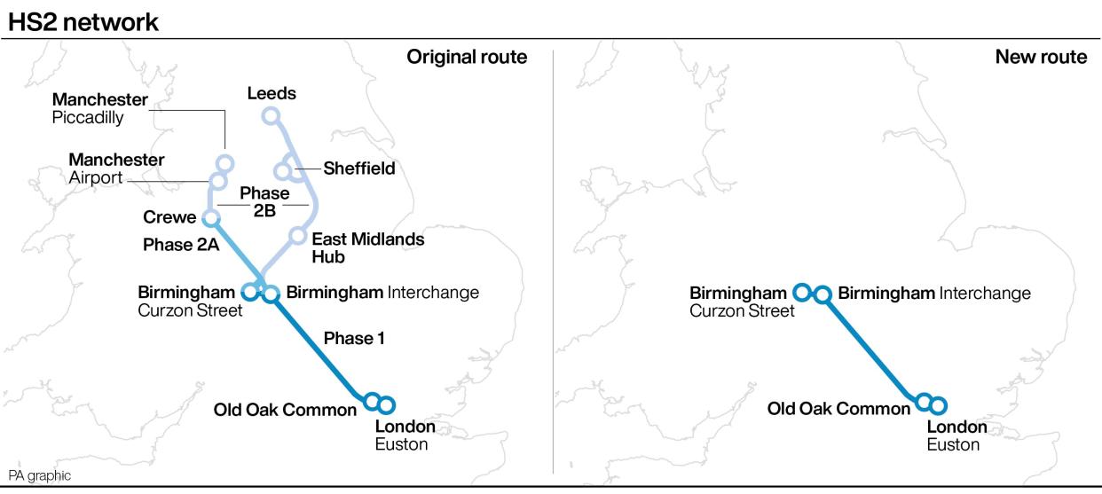 The new route (right) shows how the original HS2 route has changed following Rishi Sunak’s announcement. (PA)
