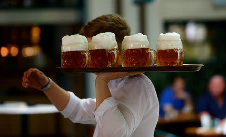 FILE PHOTO: A waiter serves beer in the traditional Schweizerhaus beer garden in Vienna, Austria June 21, 2017. REUTERS/Leonhard Foeger/File Photo