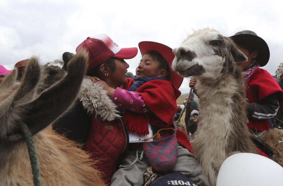 A mother embraces her child after he raced his llama at the Llanganates National Park, Ecuador, Saturday, Feb. 8, 2020. Wooly llamas, an animal emblematic of the Andean mountains in South America, become the star for a day each year when Ecuadoreans dress up their prized animals for children to ride them in 500-meter races. (AP Photo/Dolores Ochoa)
