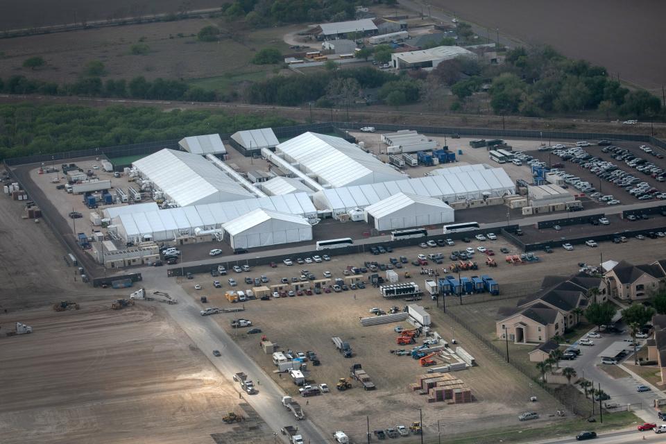 A temporary Customs and Border Protection processing center is seen from a Texas Department of Public Safety helicopter on March 23, 2021 in Donna, Texas. A surge of immigrants, including unaccompanied minors crossing into the United States from Mexico is overcrowding such centers in south Texas. (Photo by John Moore/Getty Images)