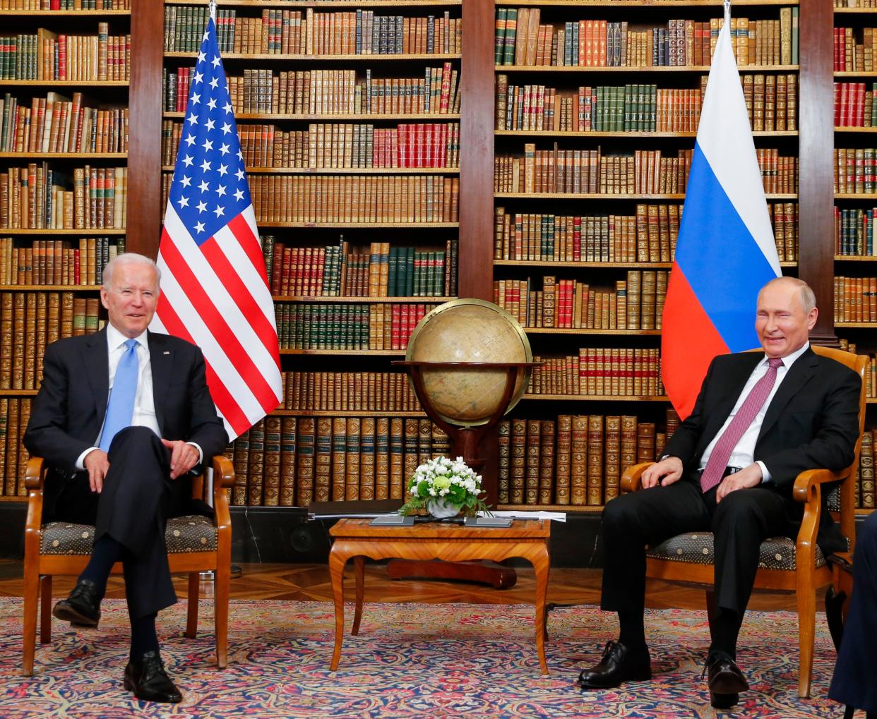 US President Joe Biden (L) meets with Russian President Valdimir Putin at the 'Villa la Grange' in Geneva on June 16, 2021. (Photo by DENIS BALIBOUSE / POOL / AFP) (Photo by DENIS BALIBOUSE/POOL/AFP via Getty Images)