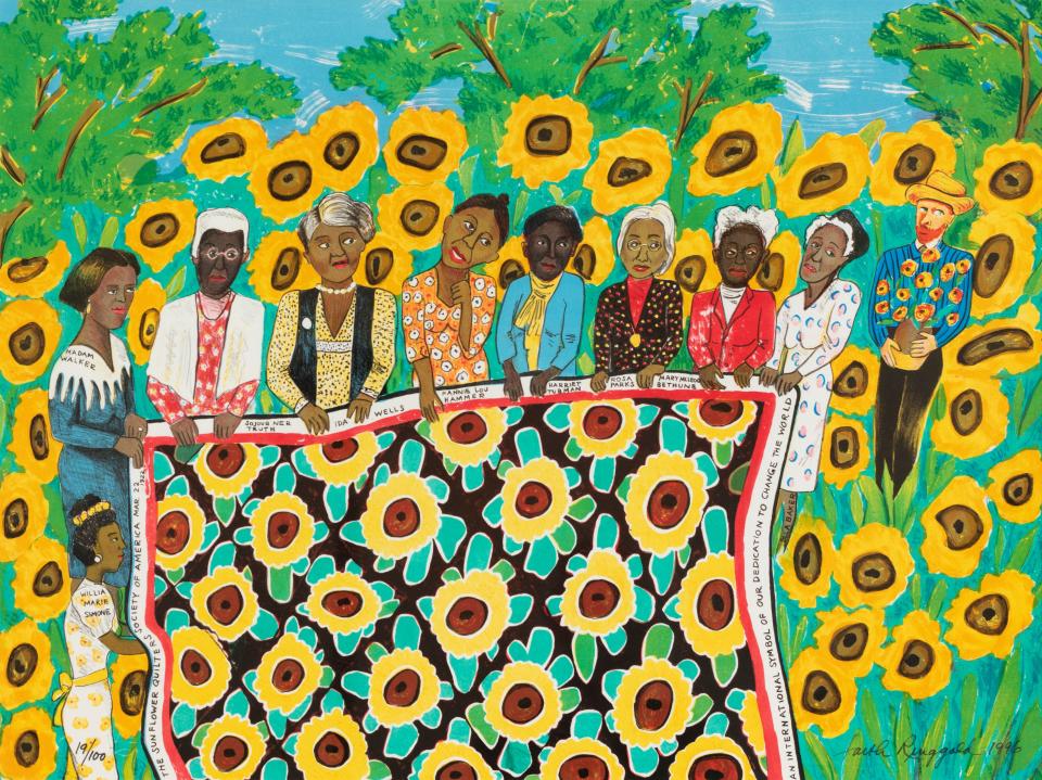 "The Sunflower Quilting Bee at Arles," 1996, is a lithograph by Faith Ringgold and a gift of Julie L. McGee, Class of 1982, Bowdoin College Museum of Art, copyrighted in 2021 by Faith Ringgold, Artists Rights Society, New York. Courtesy ACA Galleries, New York.