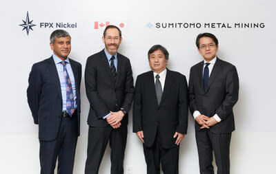 January 22, 2024 MOU signing ceremony in Vancouver, Canada, featuring (left to right), Fazil Mihlar, Deputy Minister, Ministry of Jobs, Economic Development & Innovation, Government of British Columbia, Martin Turenne, President and CEO, FPX Nickel, Eiichi Fukuda, Executive Officer, General Manager of Mineral Resources Division, Sumitomo Metal Mining, and Kohei Maruyama, Consul General of Japan in Vancouver (CNW Group/FPX Nickel Corp.)