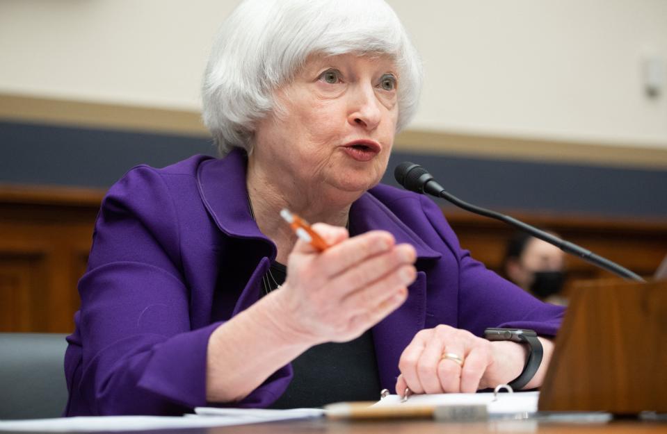 Secretary of Treasury Janet Yellen testifies during a US House Committee on Financial Services hearing on Capitol Hill in Washington on April 6, 2022.