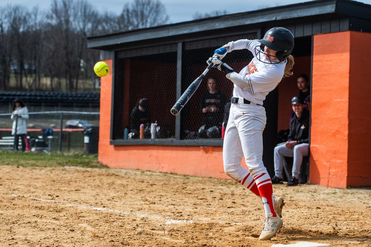 Marlboro's Kalista Birkenstock takes a swing against Warwick during a March 26, 2024 softball game at Marlboro High School.