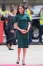 <p>In Western Fiji Markle was dressed in a forest green shift dress by Canadian fashion designer <a href="https://www.net-a-porter.com/us/en/Shop/Designers/Jason_Wu?pn=1&npp=60&image_view=product&dScroll=0" rel="nofollow noopener" target="_blank" data-ylk="slk:Jason Wu;elm:context_link;itc:0;sec:content-canvas" class="link ">Jason Wu</a>, the mother-to-be accessorised her look with black suede <a href="https://www.google.co.uk/aclk?sa=L&ai=DChcSEwj7mr_lmqHeAhWD4ncKHT7ECwkYABAPGgJlZg&sig=AOD64_0XSyNrPO_fC8Sx9w_NQ5J87WYxig&ctype=5&ved=0ahUKEwjX4bflmqHeAhVSJ1AKHRAXBT8Qww8IcA" rel="nofollow noopener" target="_blank" data-ylk="slk:Manolo Blank BB pumps;elm:context_link;itc:0;sec:content-canvas" class="link ">Manolo Blank BB pumps</a> and a pair of statement gold drop earrings.</p>