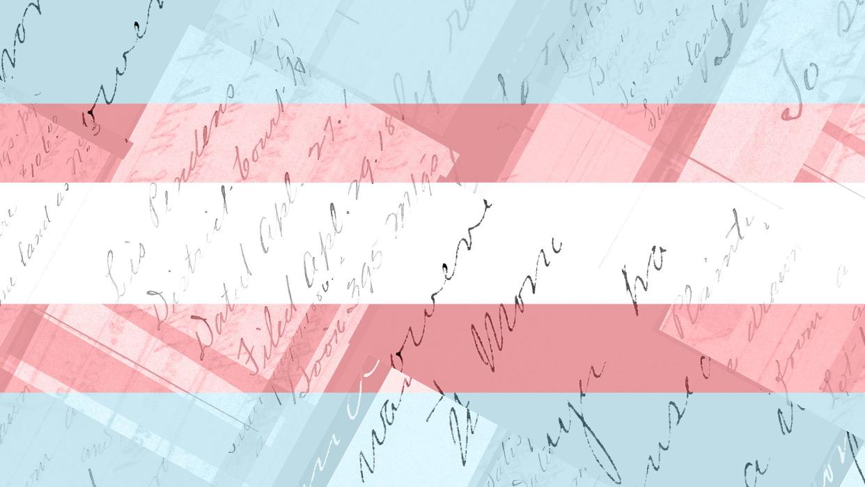 a trans flag overlaid with cursive writing