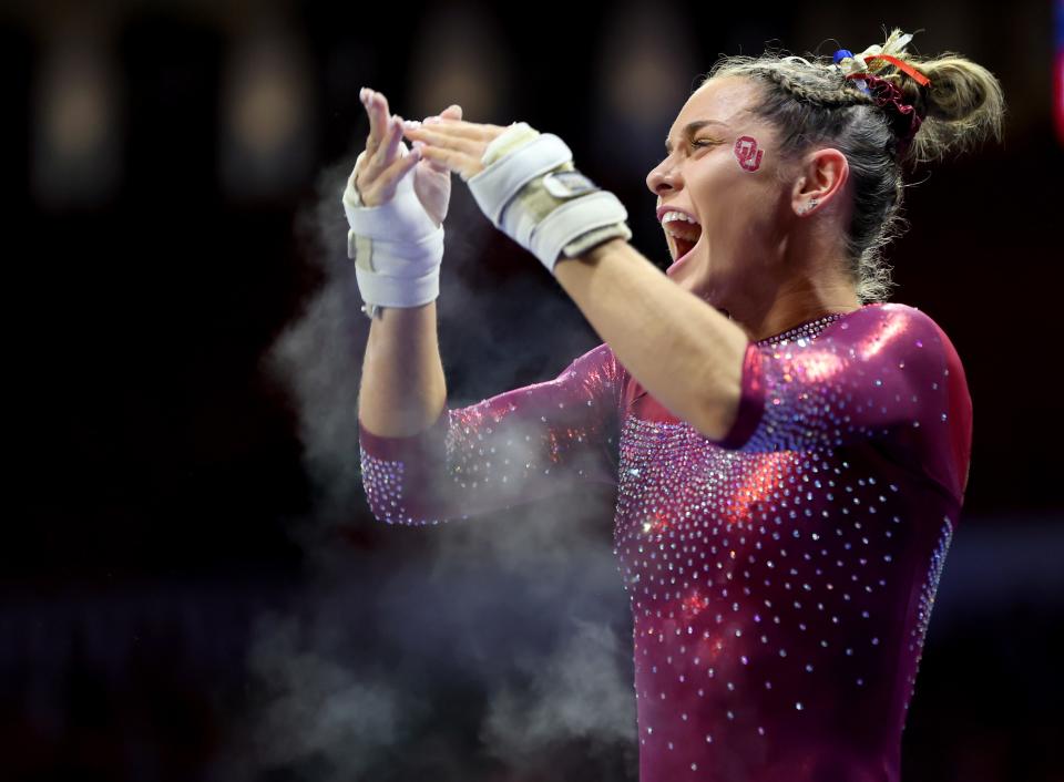 OU's Jordan Bowers celebrates a perfect 10 on the vault during the Big 12 women's gymnastics championships on March 23 at Lloyd Noble Center in Norman.