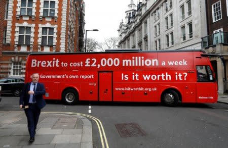 The anti-Brexit campaign group 'Is it worth it?' launch their campaign bus to the press before it embarks on an eight-day tour of the UK from outside parliament in London, Britain, February 21, 2018. REUTERS/Peter Nicholls