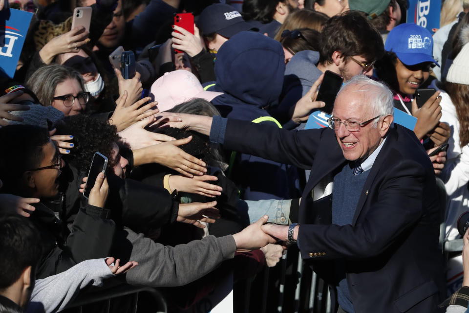 Democratic presidential candidate Sen. Bernie Sanders, I-Vt., works the crowd after speaking at a campaign rally in Chicago's Grant Park Saturday, March 7, 2020. (AP Photo/Charles Rex Arbogast)
