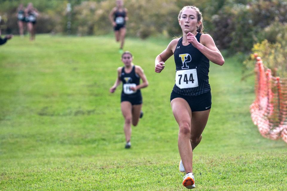 Padua Academy's Mary Flanagan (744) finishes fourth at the Girls Varsity 2023 Joe O'Neill Invitational cross country race at Bellevue State Park in Wilmington, Thursday, Oct. 19, 2023.