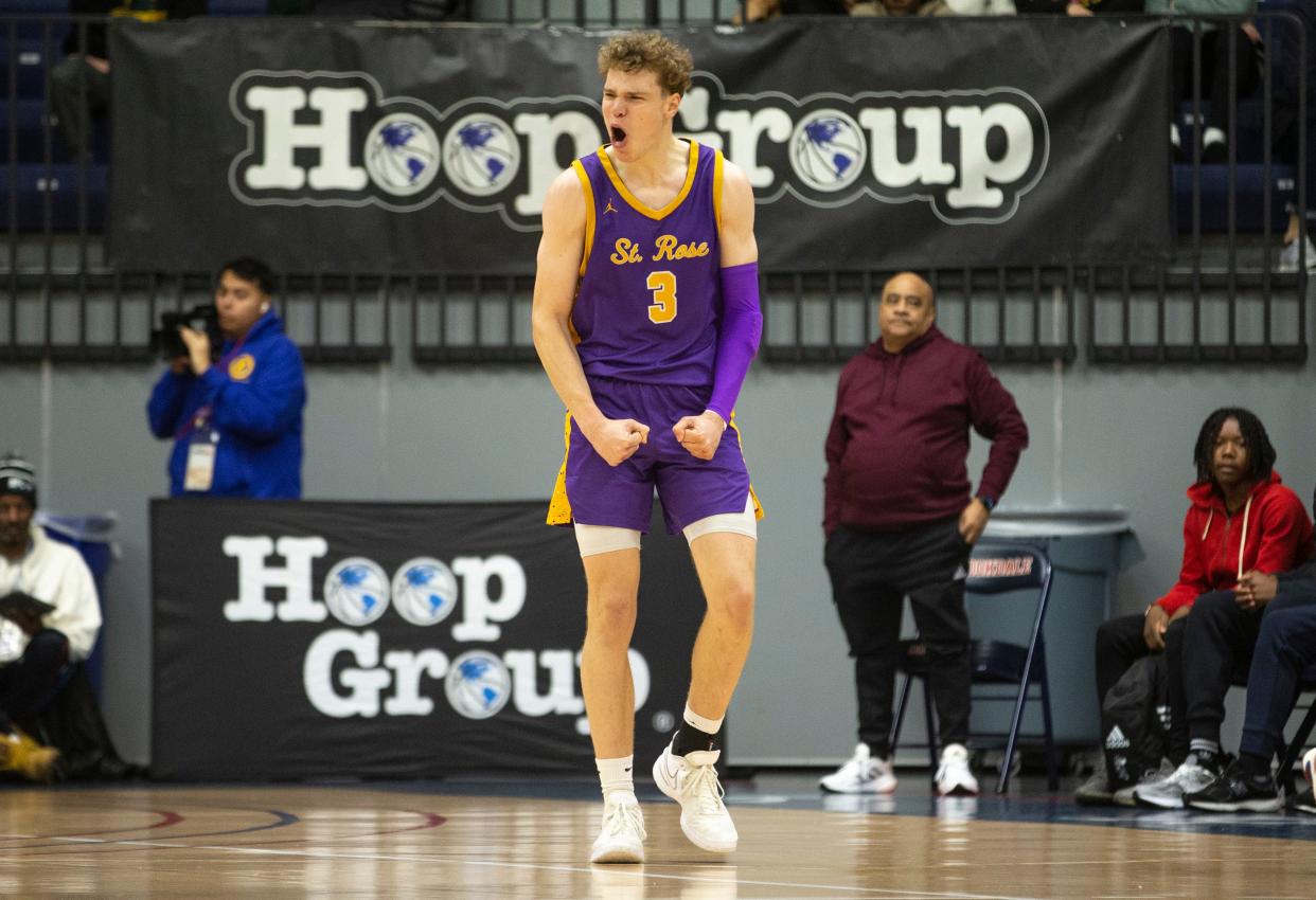 St. Rose's Matt Hodge celebrates during his team win over St. Benedict on Jan. 6, 2024.