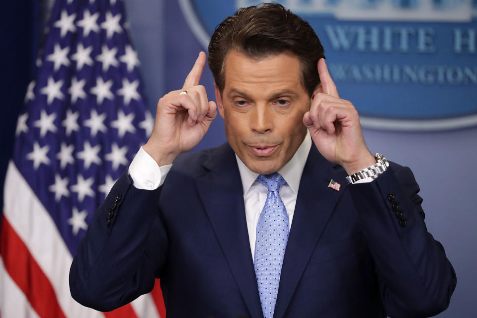 Scaramucci answers reporters' questions during the daily White House press briefing in the Brady Press Briefing Room at the White House on July 21, 2017.