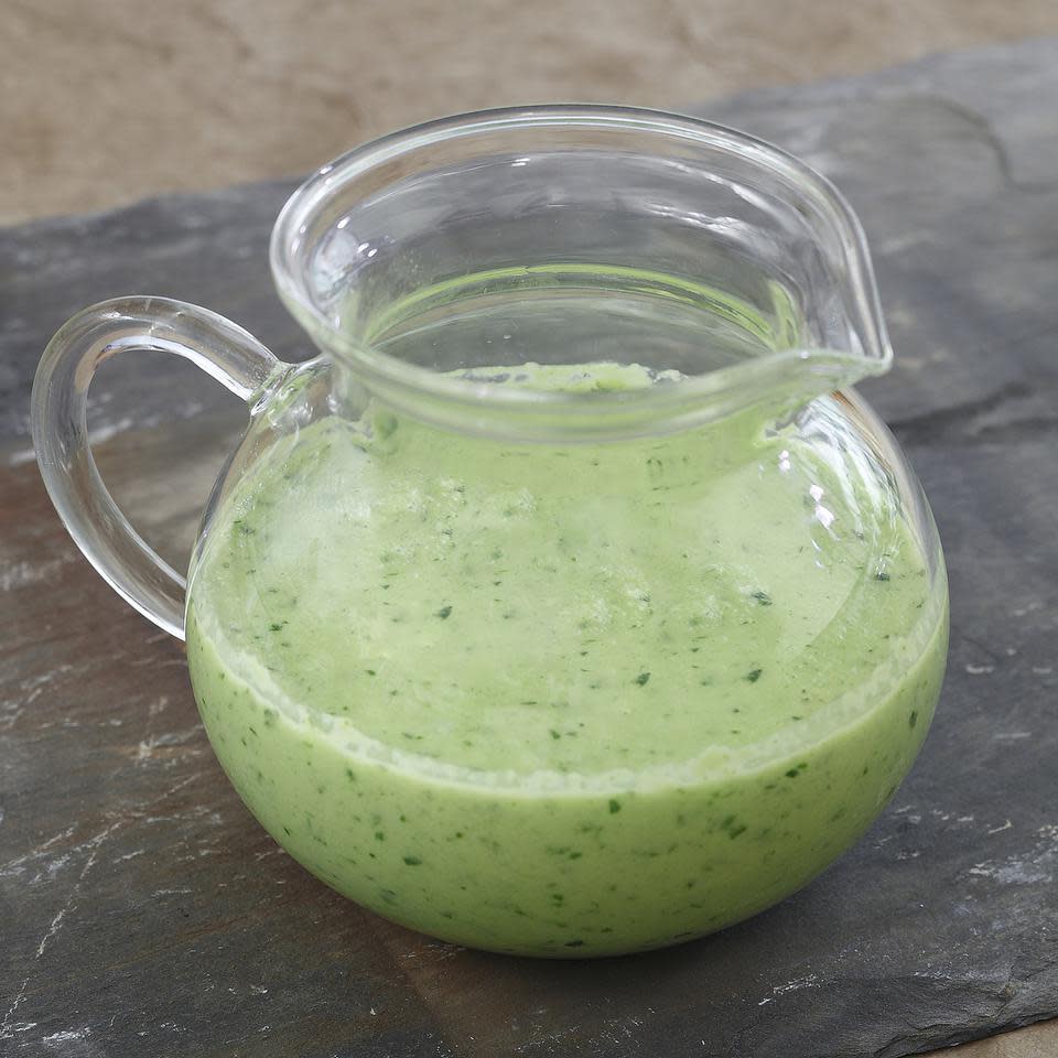 <p>As the base of this herb-spiked dressing, pureed cucumber provides a mellow grassy flavor and a luxurious texture. Pureeing vegetables into a salad dressing is a great way to give it body (and to sneak in more low-cal vegetables). Experiment with tomatoes, arugula and/or roasted garlic to create your own dressing magic.</p>