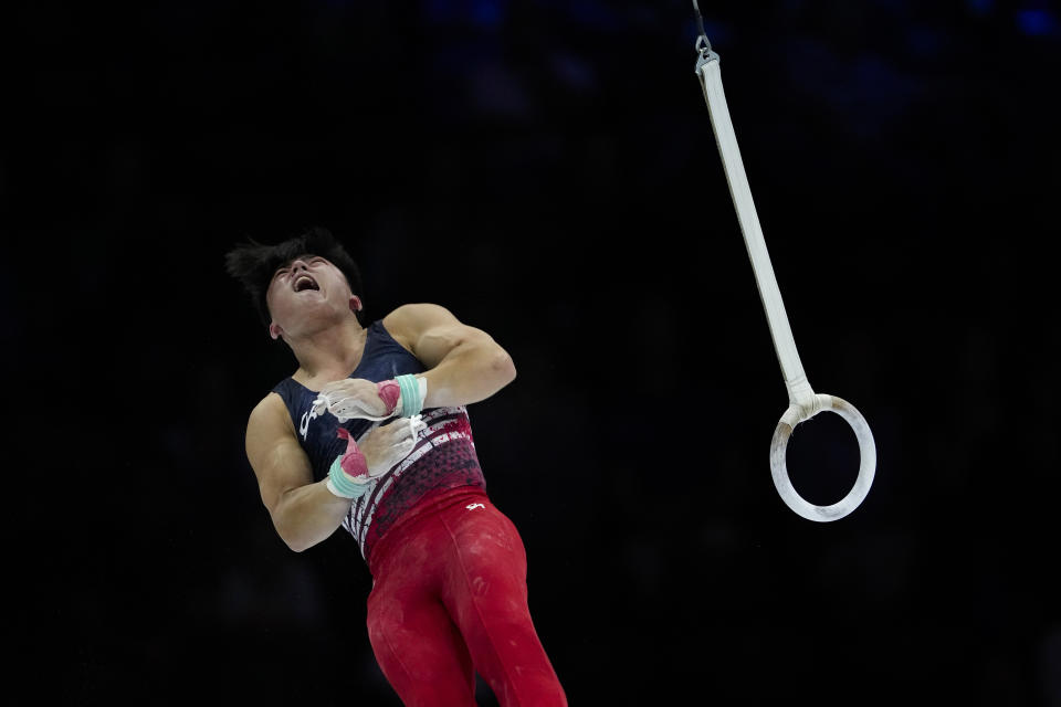 United States' Asher Hong competes on the rings during the Artistic Gymnastics World Championships in Antwerp, Belgium, Tuesday, Oct. 3, 2023. (AP Photo/Virginia Mayo)