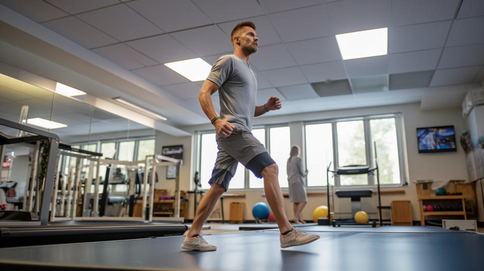 A physical therapist demonstrating work conditioning and hardening exercises in a rehabilitation gym.